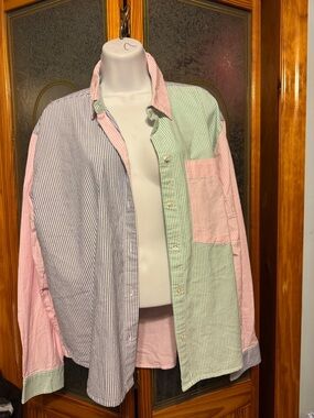Casual Patchwork Stripe Button-Down Shirt in Pink, Green & Blue